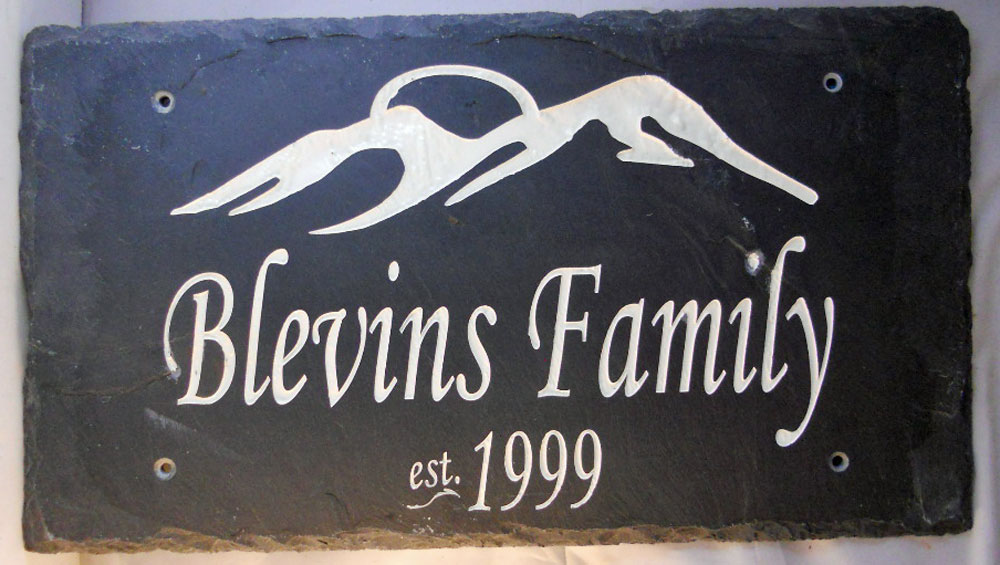 personalized custom engraved slate house sign with custom photo of hills