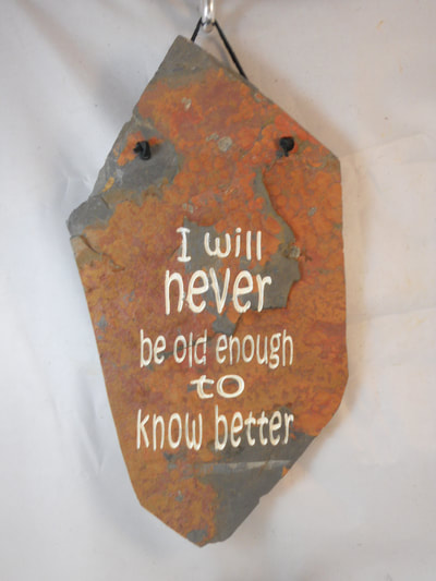 I Will Never Be Old Enough To Know Better 
engraved stone sign