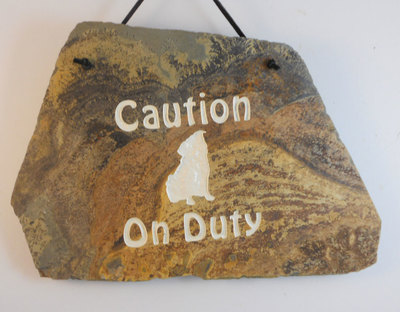 engraved rock with Caution Dog on Duty sign with picture of dog