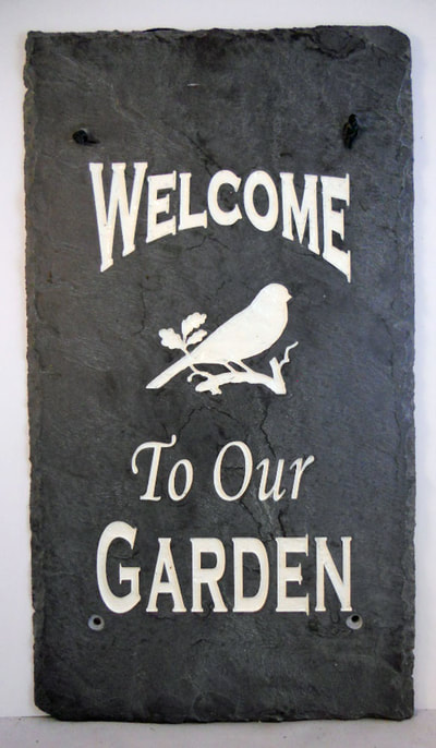 engraved slate sign for garden welcome sign