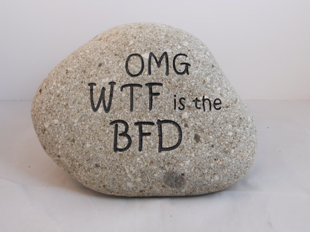 "OMG WTF is the BFD" engraved rock