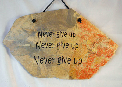 Never give up, Never give up, Never give up
engraved stone sign