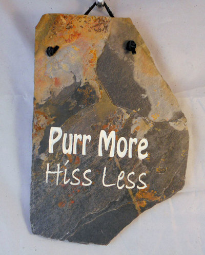 engraved rock sign with purr more, hiss less