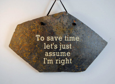 To save time let's just assume I'm right
funny engraved stone sign